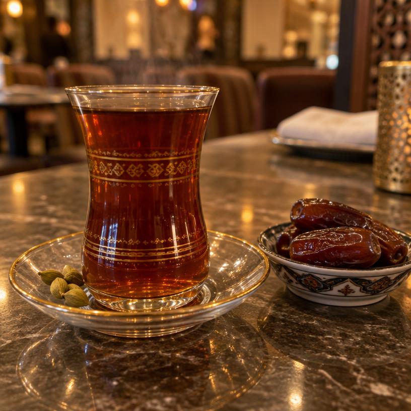 Poured Adeni tea with cardamom and a small side of dates
