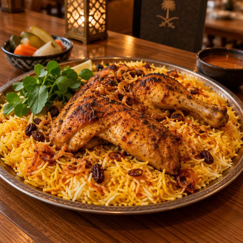 Chicken mandi with saffron rice, cress and pickles