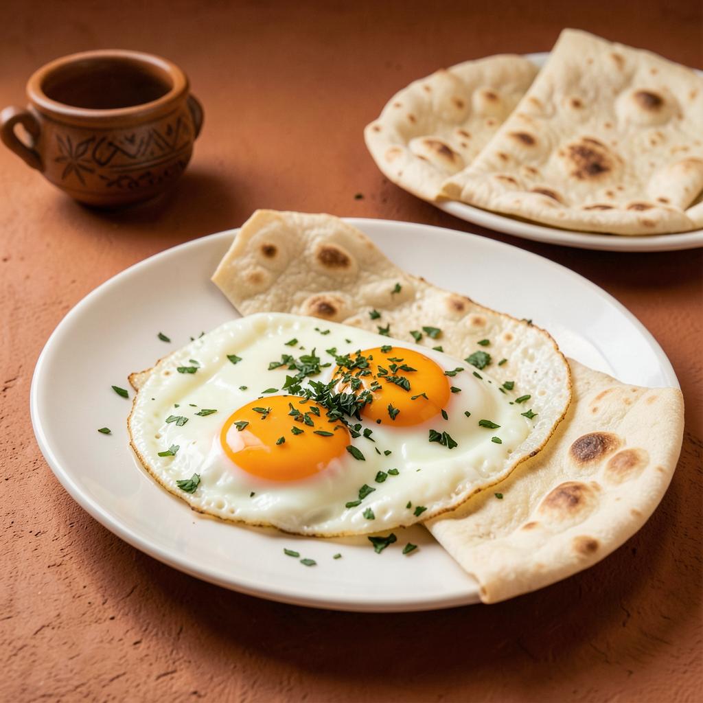 Fried eggs with herbs and Yemeni flatbread