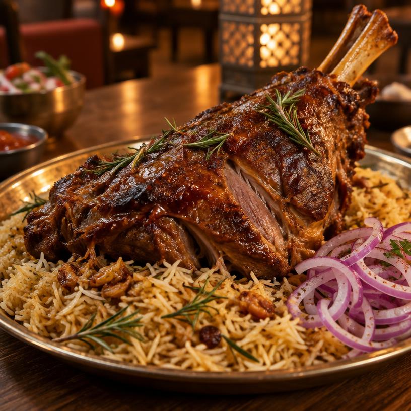 Glossy lamb mandi with rosemary rice and red onion