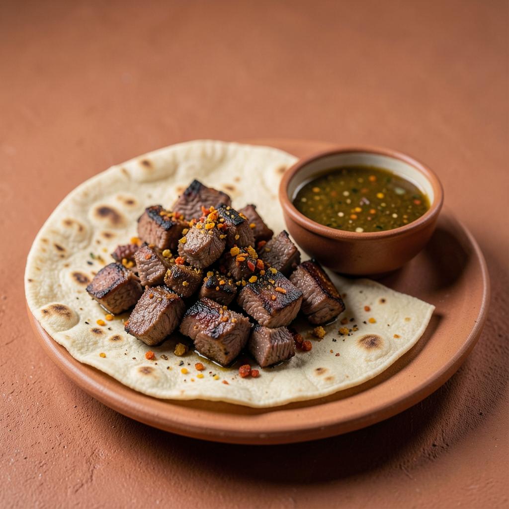 Chopped grilled lamb pieces with flatbread and zhoug