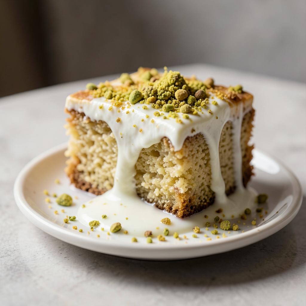 Slice of milkcake soaked in milk and topped with pistachio