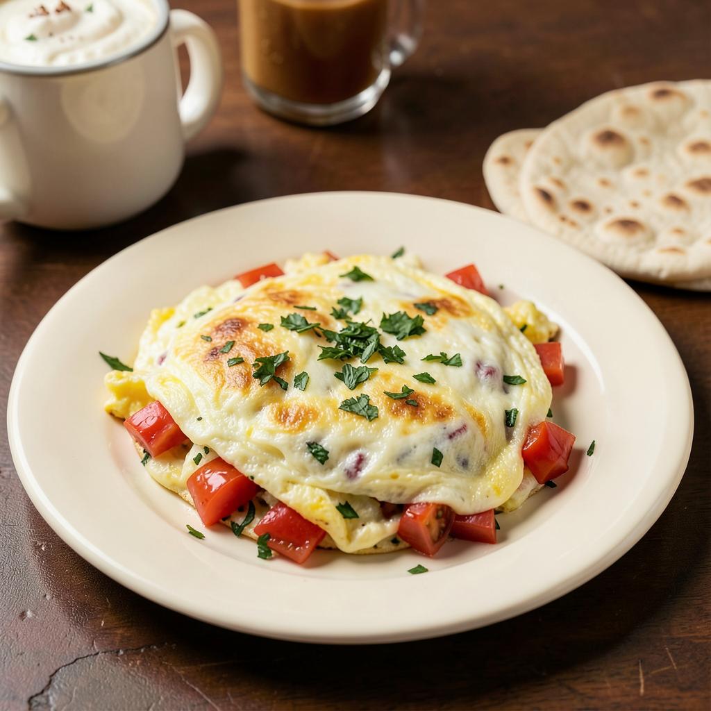 Fluffy folded omelet with tomatoes and herbs