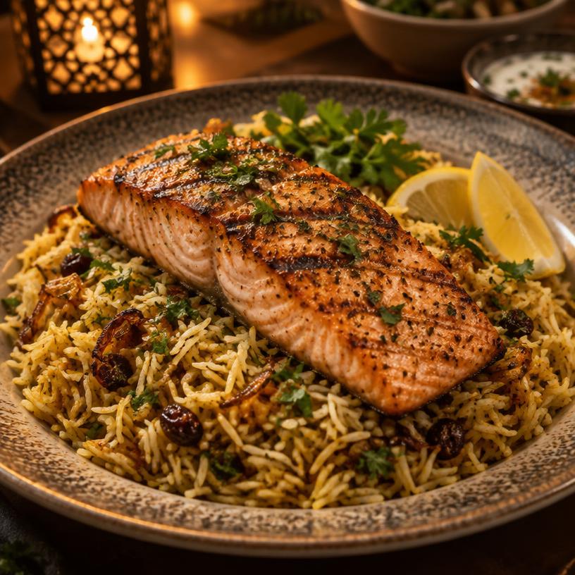 Grilled salmon fillet on a bed of fragrant rice with lemon