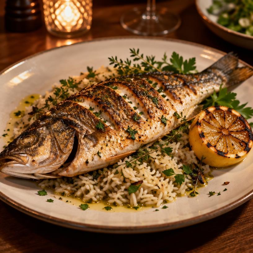 Grilled seabass fish on a bed of aromatic rice with charred lemon