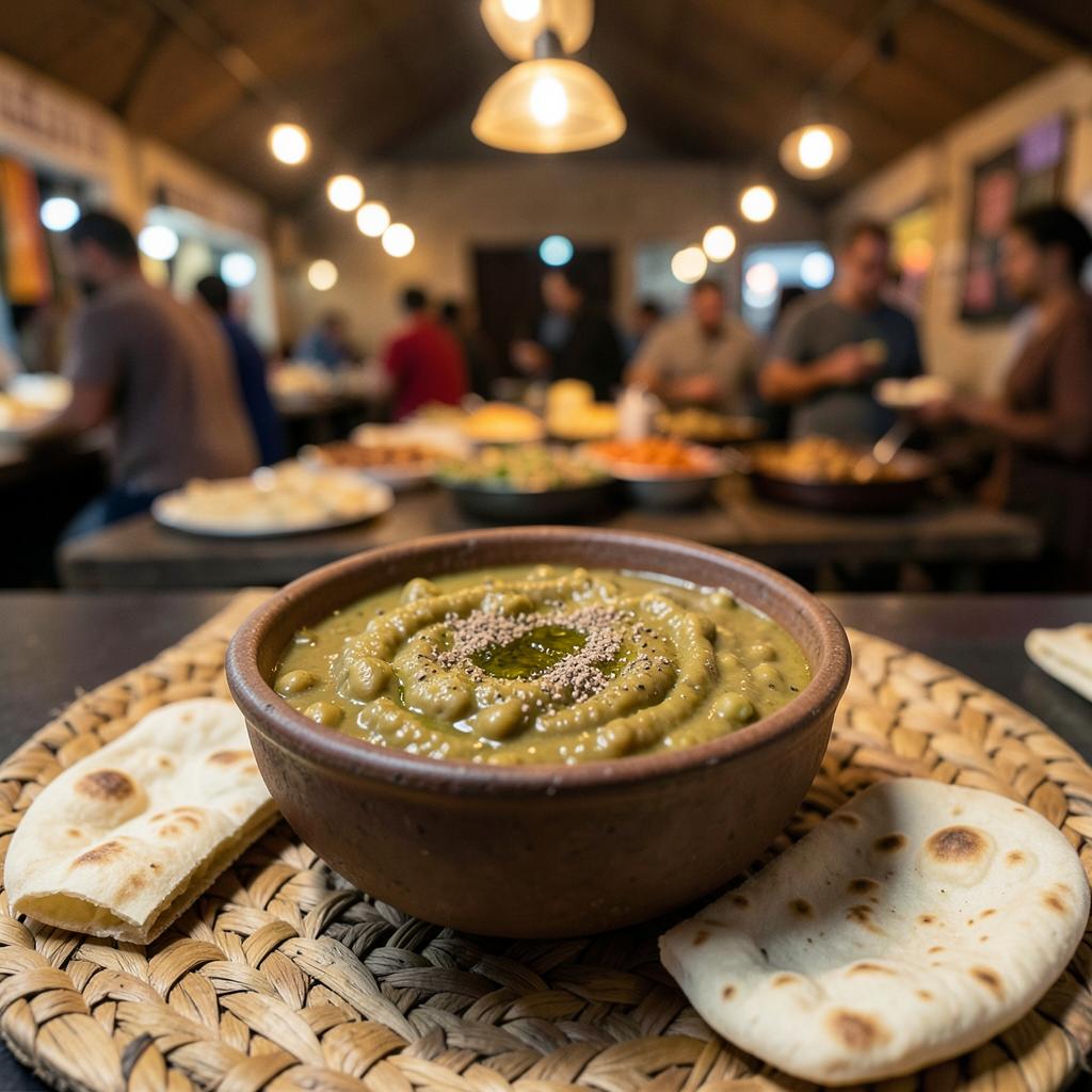 Bowl of Yemeni fava beans with olive oil and flatbread
