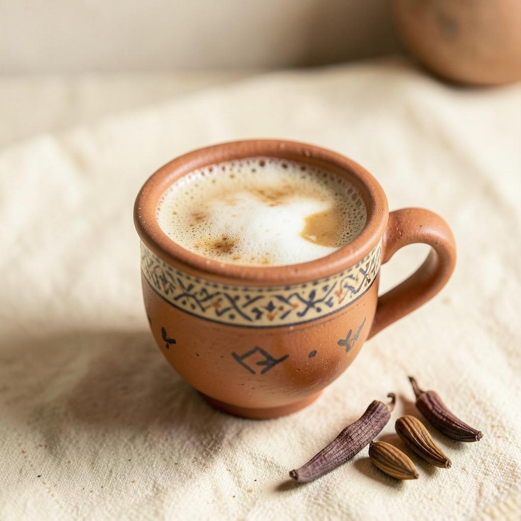 Fresh coffee in a clay cup with cardamom